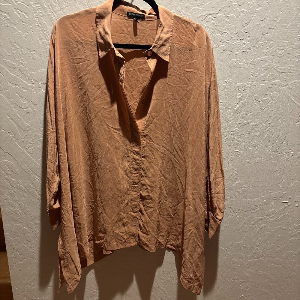 Eileen Fisher Women Silk Button Front Blouse tan camel Relaxed Fit – Size M